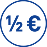 Blue icon of one-half euro symbol inside a circle.