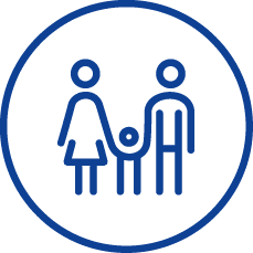 Blaues Familiensymbol im Kreis: Mutter, Vater und Kind, die Familiendienste und Unterstützung repräsentieren.